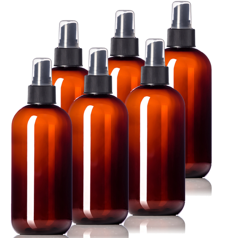 8oz Plastic Amber Bottles (6 Pack) BPA-Free Squeeze Containers with Spray Mist Caps