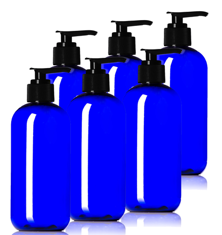 8oz Plastic Blue Bottles (6 Pack) BPA-Free Squeeze Containers with Pump Cap