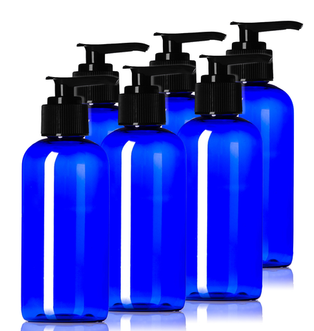 4oz Plastic Blue Bottles (6 Pack) BPA-Free Squeeze Containers with Pump Cap