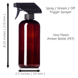 16oz Amber Plastic Bottles with Black Trigger Sprayers, BPA Free PET Plastic (2 Pack)